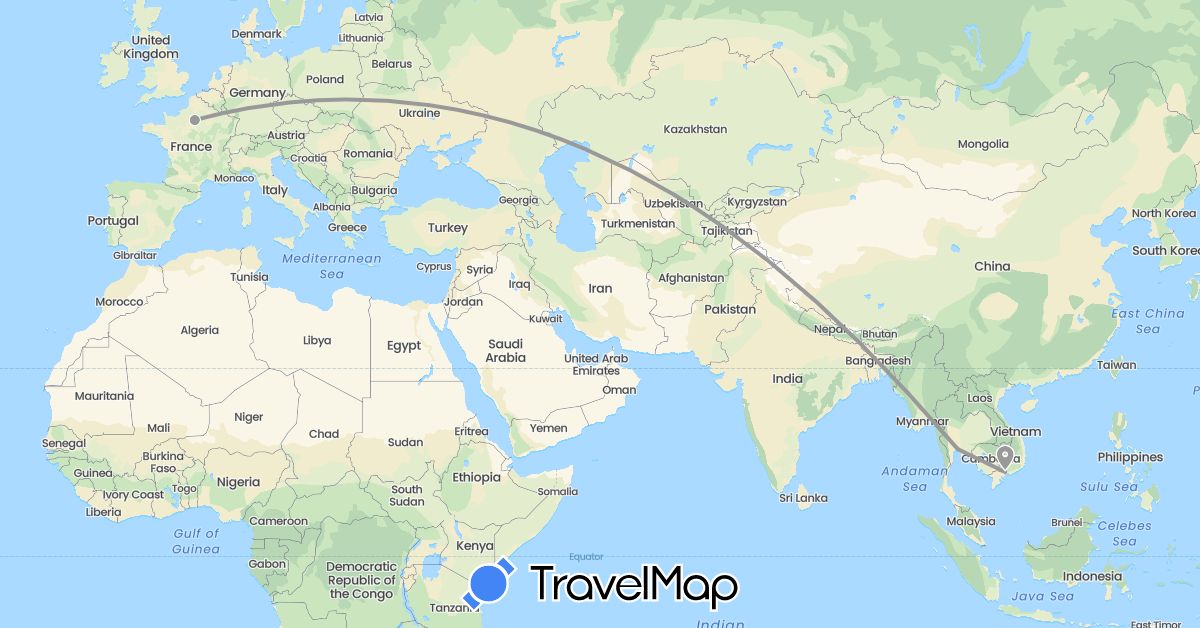 TravelMap itinerary: driving, plane in France, Thailand, Vietnam (Asia, Europe)